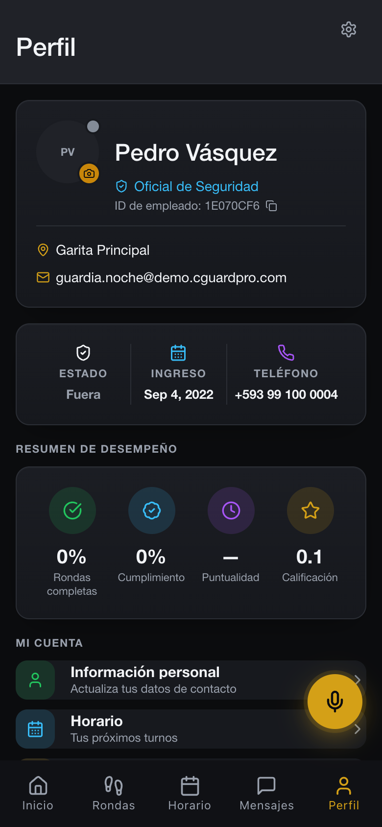 Perfil del vigilador con su información de servicio