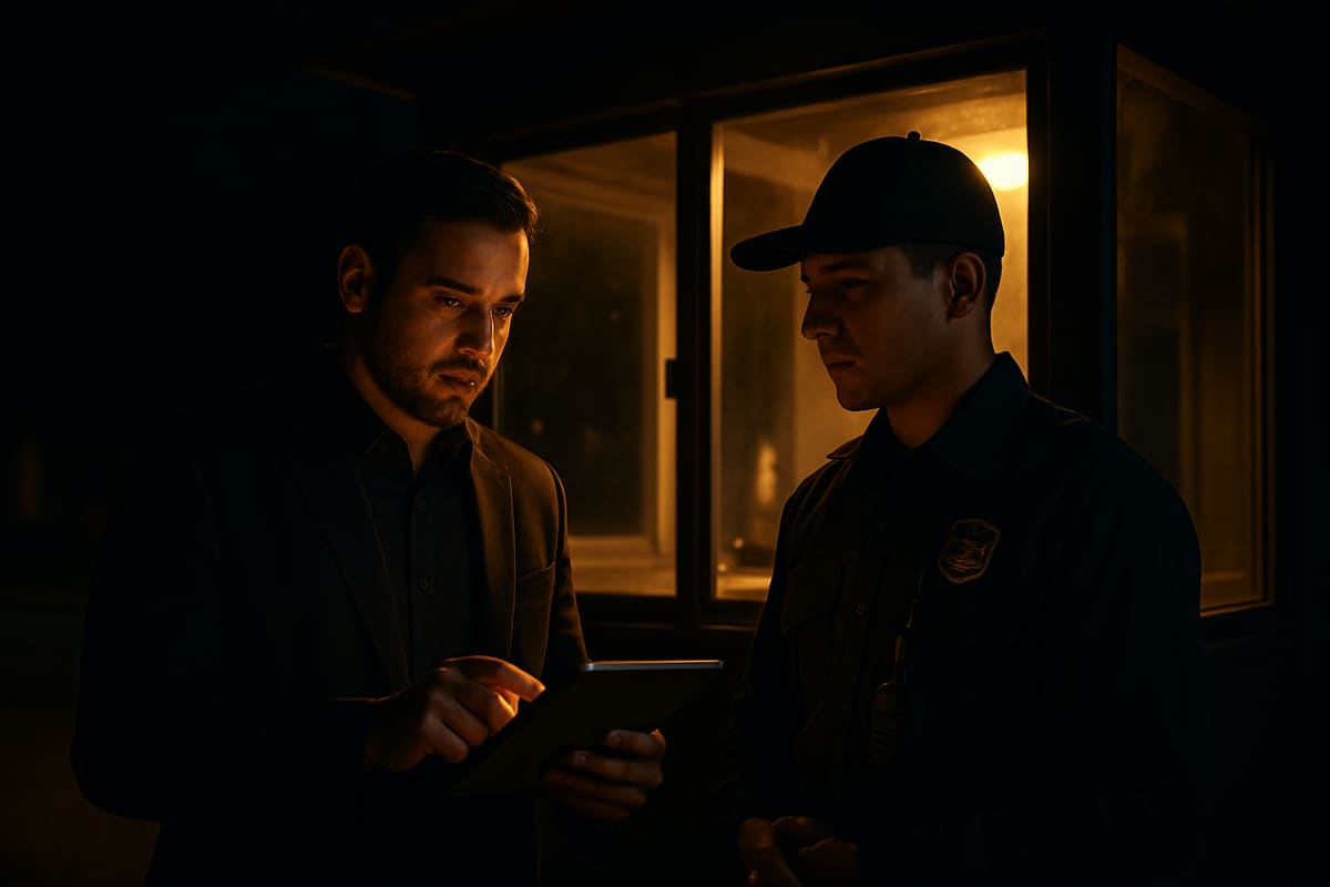 Supervisor validando novedades de turno con un oficial de seguridad