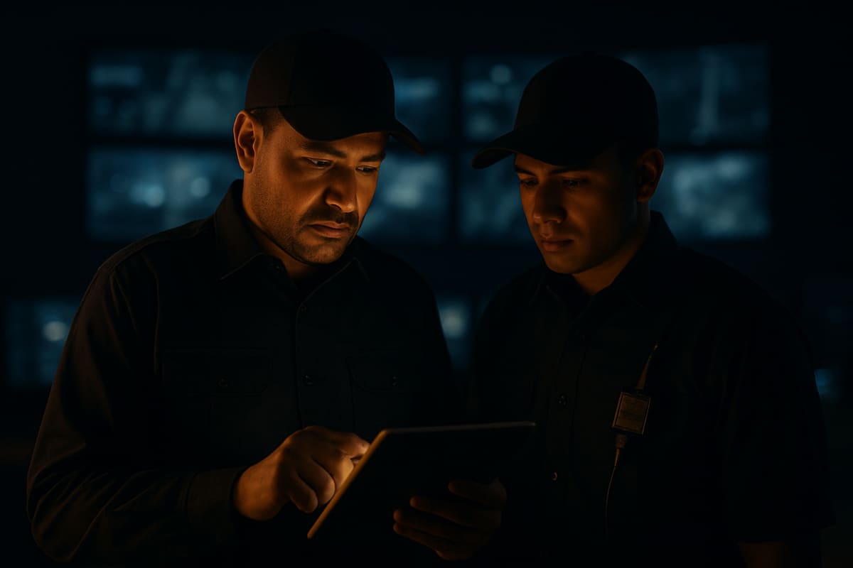 Supervisor revisando bitácora digital con un oficial de seguridad