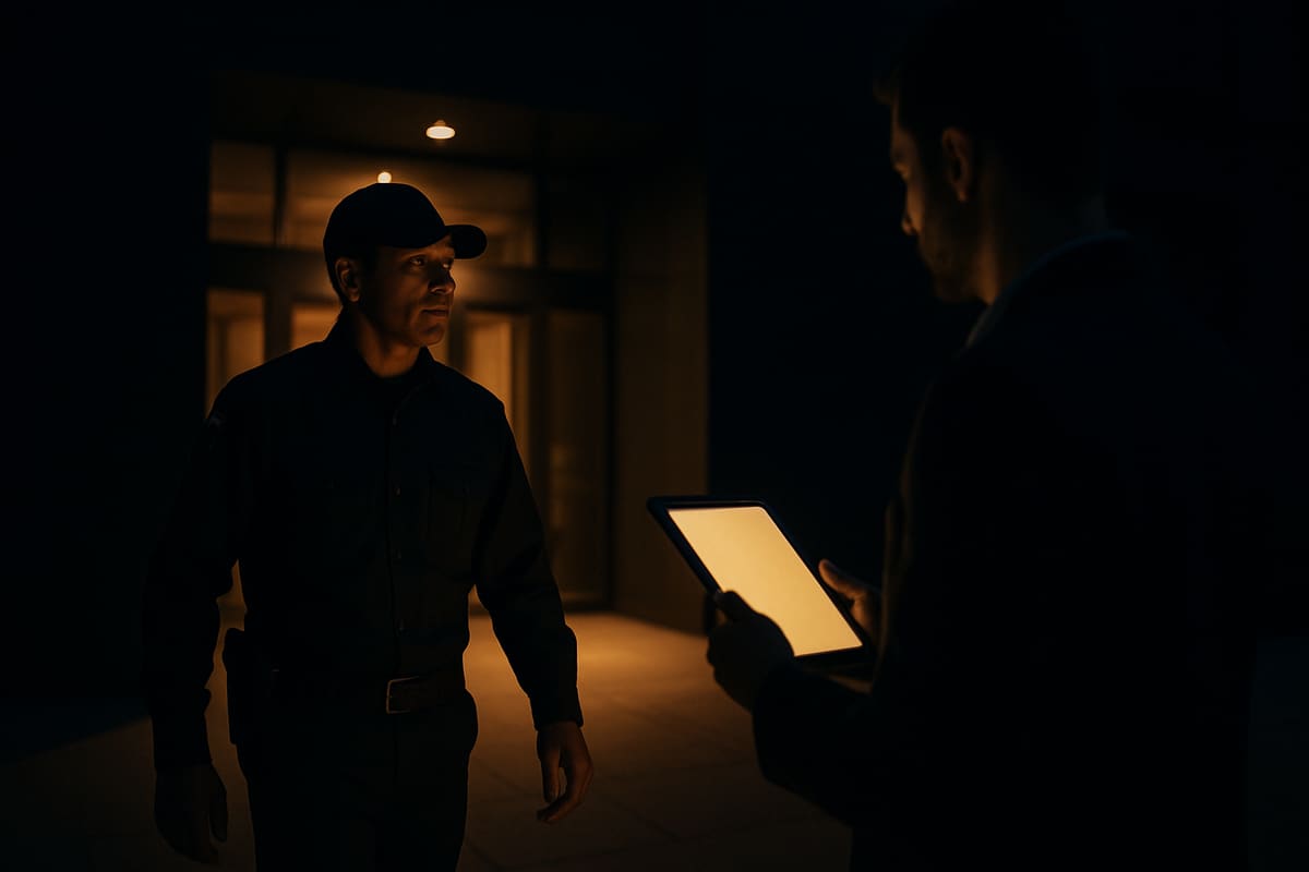 Guardia verificando rondas durante un turno nocturno