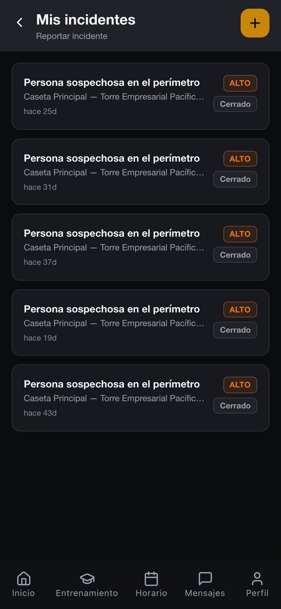 Pantalla de novedades del vigilante con el listado de incidentes reportados