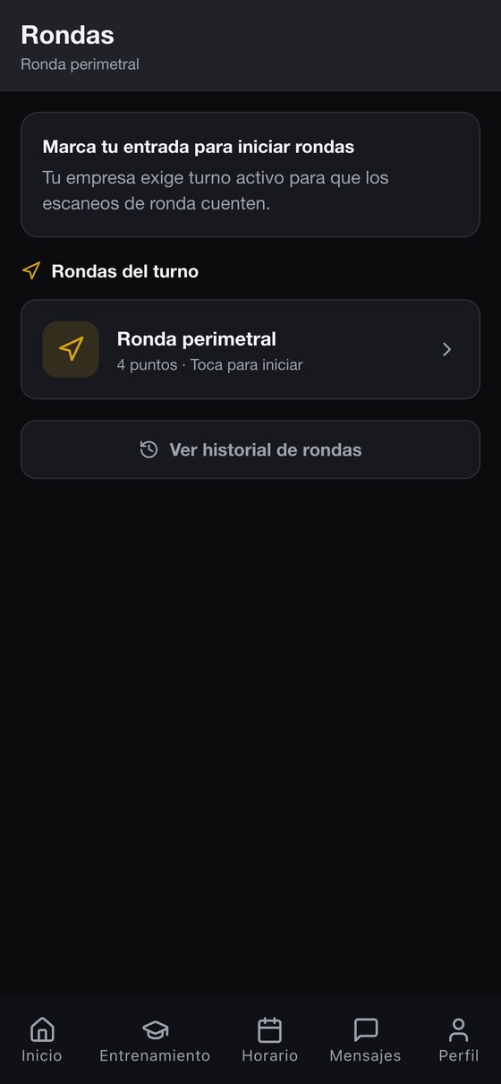 Rondín en curso en la app del vigilante de CGuardPro, con los puntos de control del recorrido