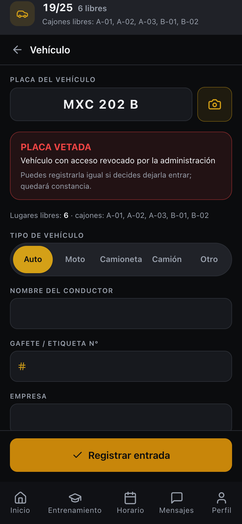 Aviso de placa vetada en la app del vigilante