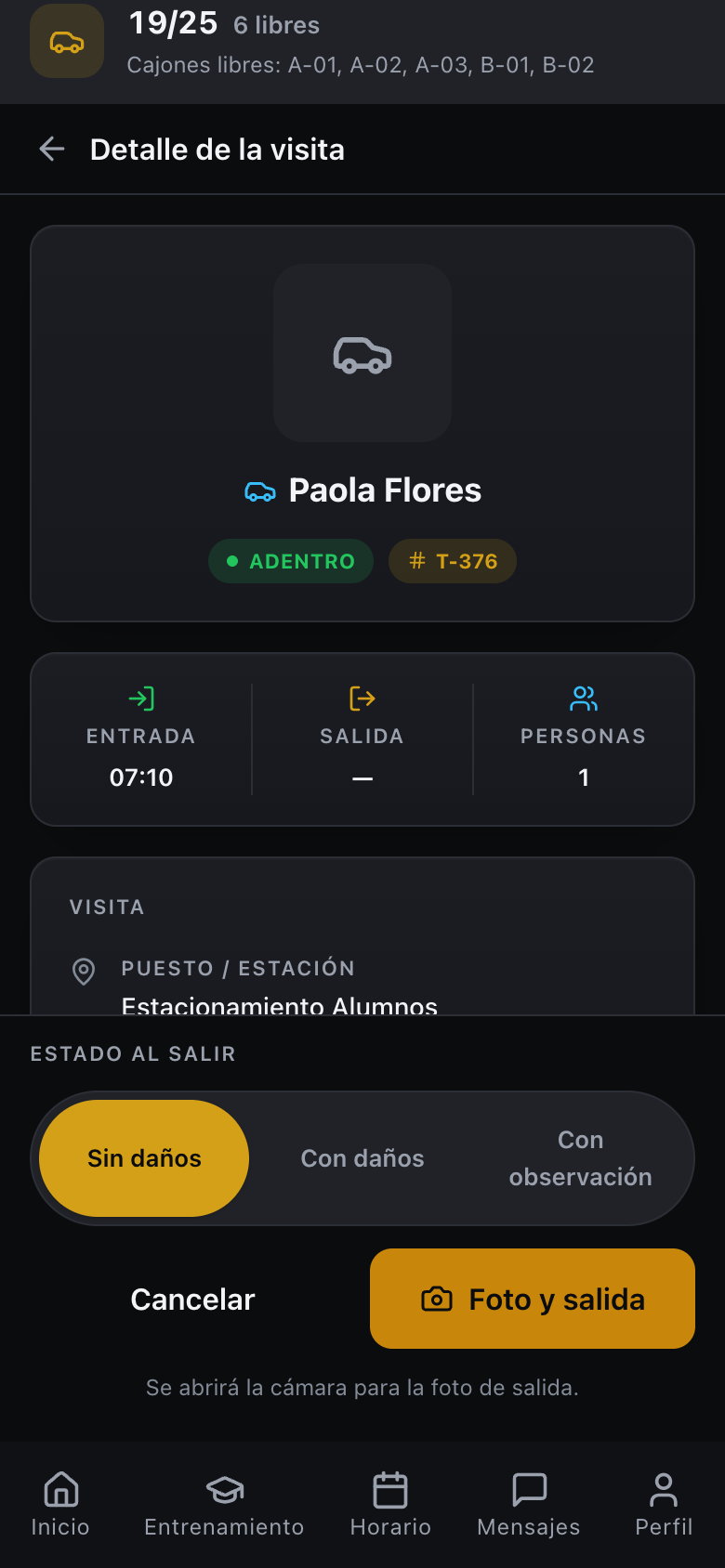 Registro de salida del vehículo con estado