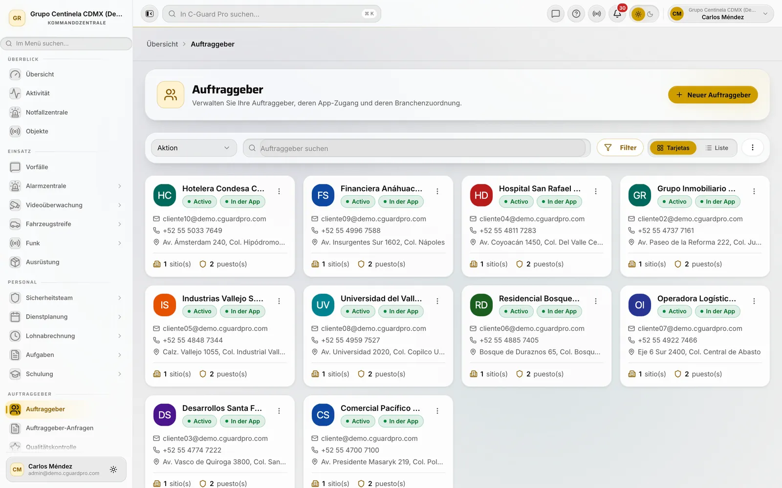 Auftraggeberliste im CRM mit dem Button Neuer Auftraggeber
