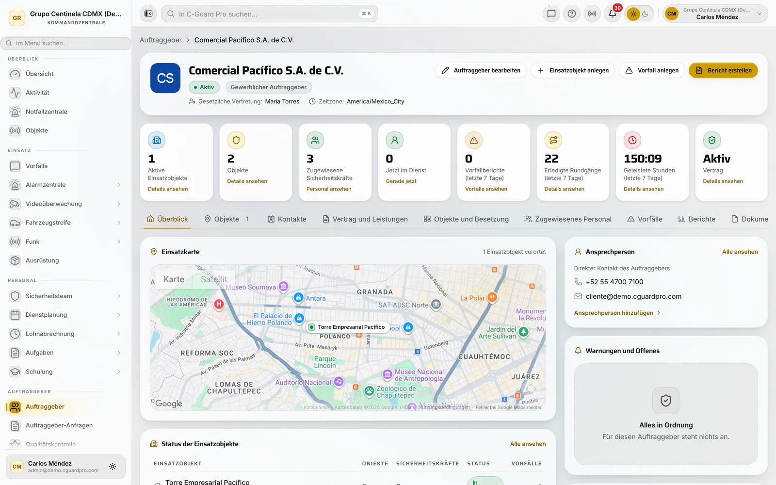Auftraggeberakte mit den Reitern Objekte, Kontakte, Vertrag und Portal