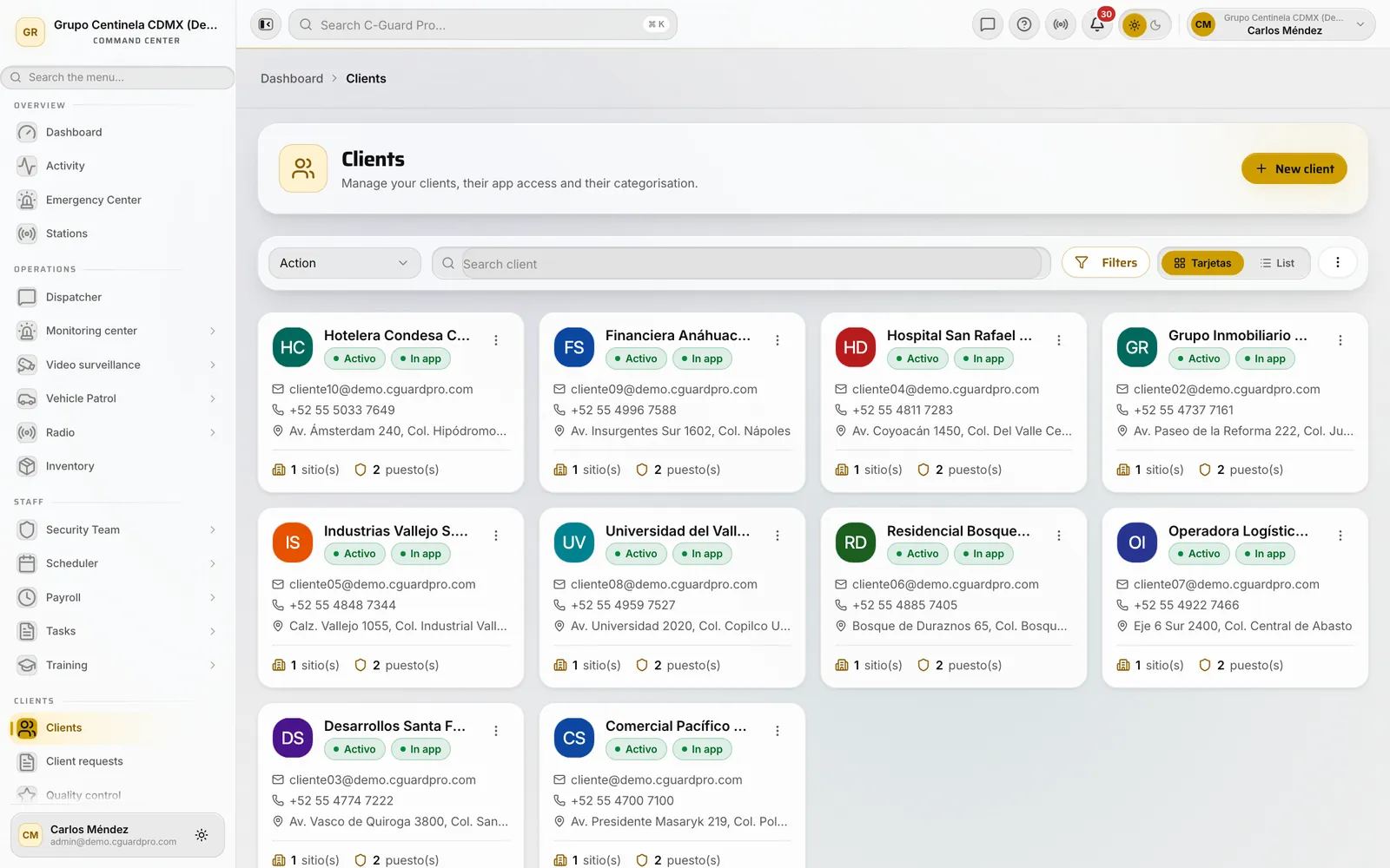 Client list in the CRM with the New client button