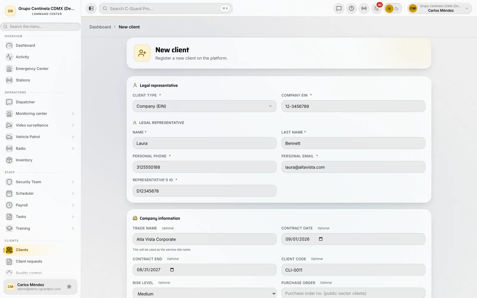 New client form showing client type and legal representative details