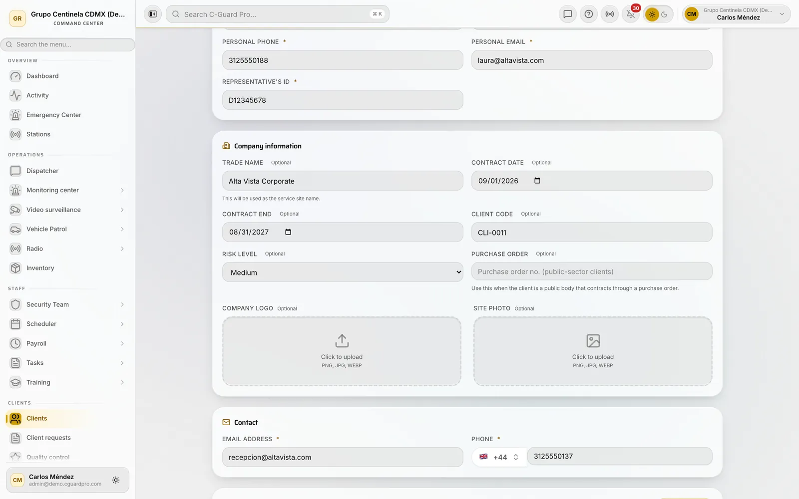 Company information section with trading name, contract dates and risk level
