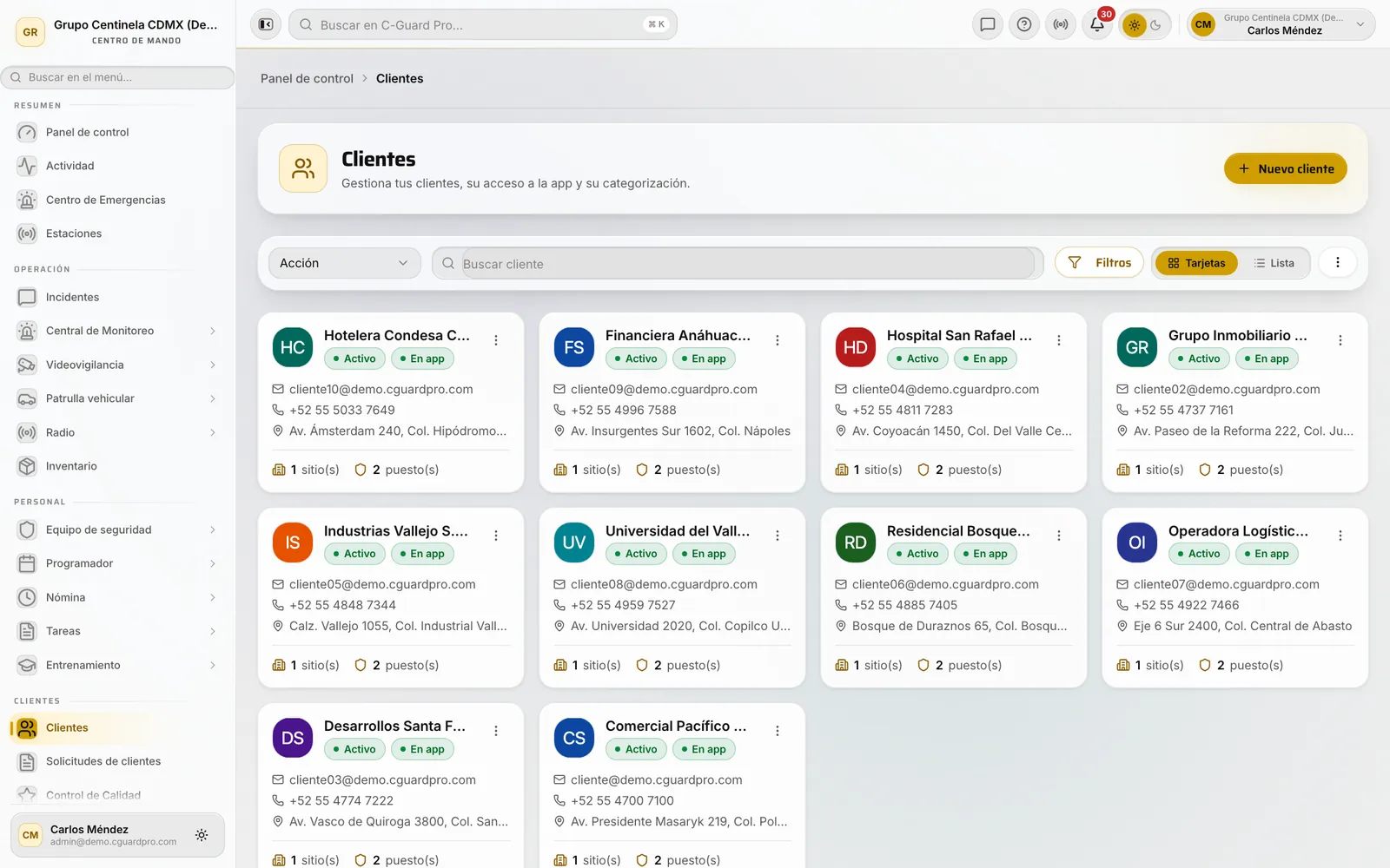 Lista de clientes en el CRM con el botón Nuevo cliente