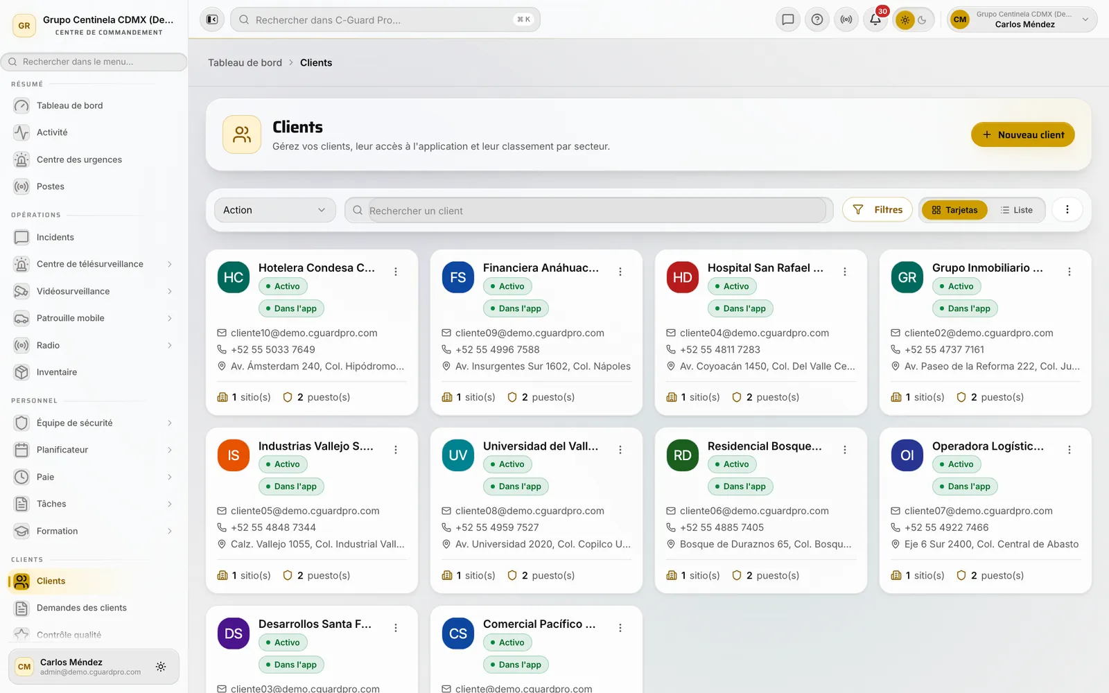 Liste des clients dans le CRM avec le bouton Nouveau client