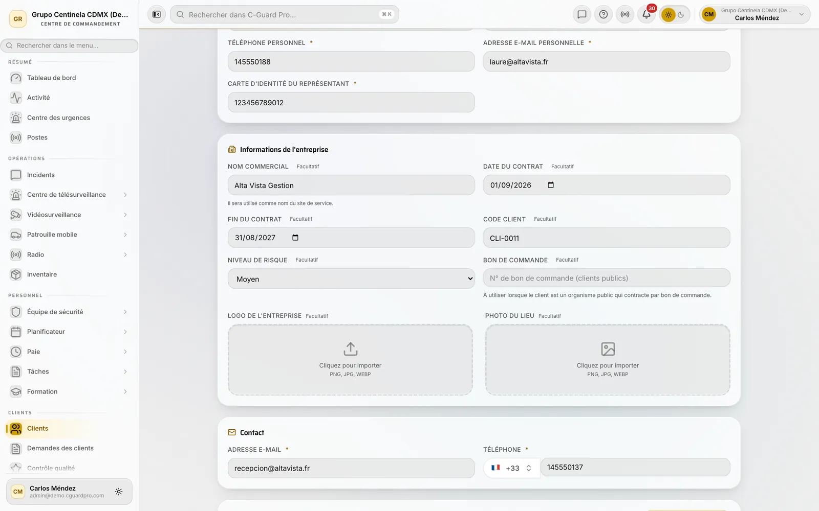 Section informations sur l'entreprise avec nom commercial, dates de contrat et niveau de risque