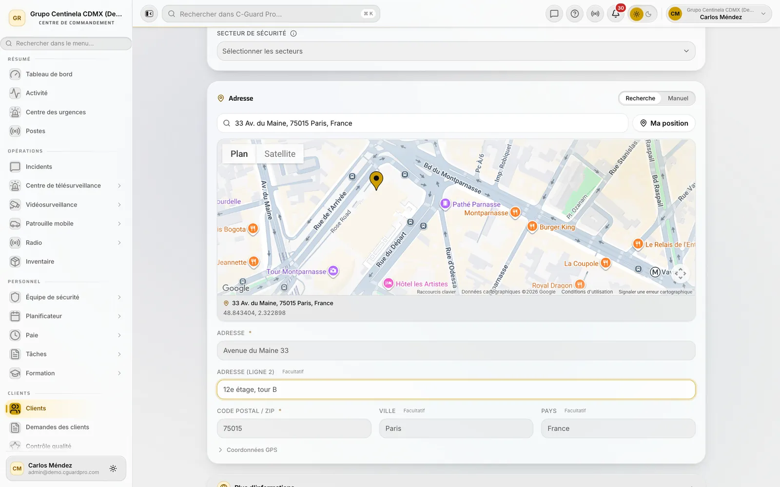 Section adresse avec la carte et le point posé sur l'emplacement du client