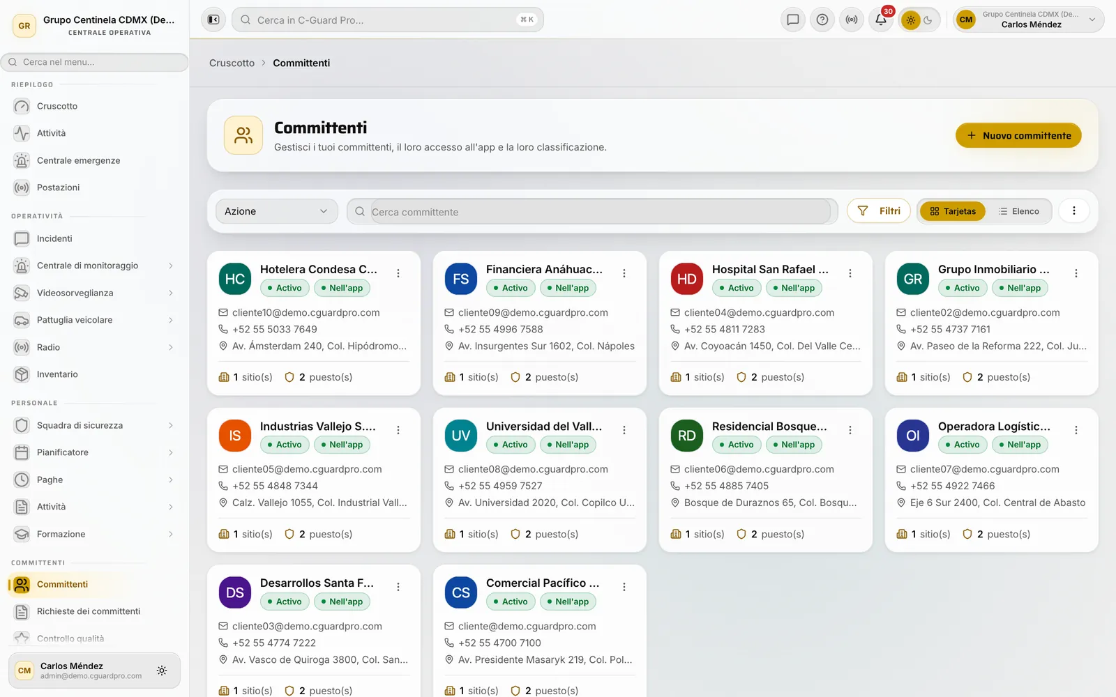 Elenco dei committenti nel CRM con il pulsante Nuovo cliente