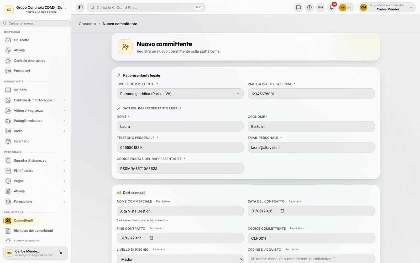Modulo nuovo cliente con il tipo di committente e i dati del rappresentante legale