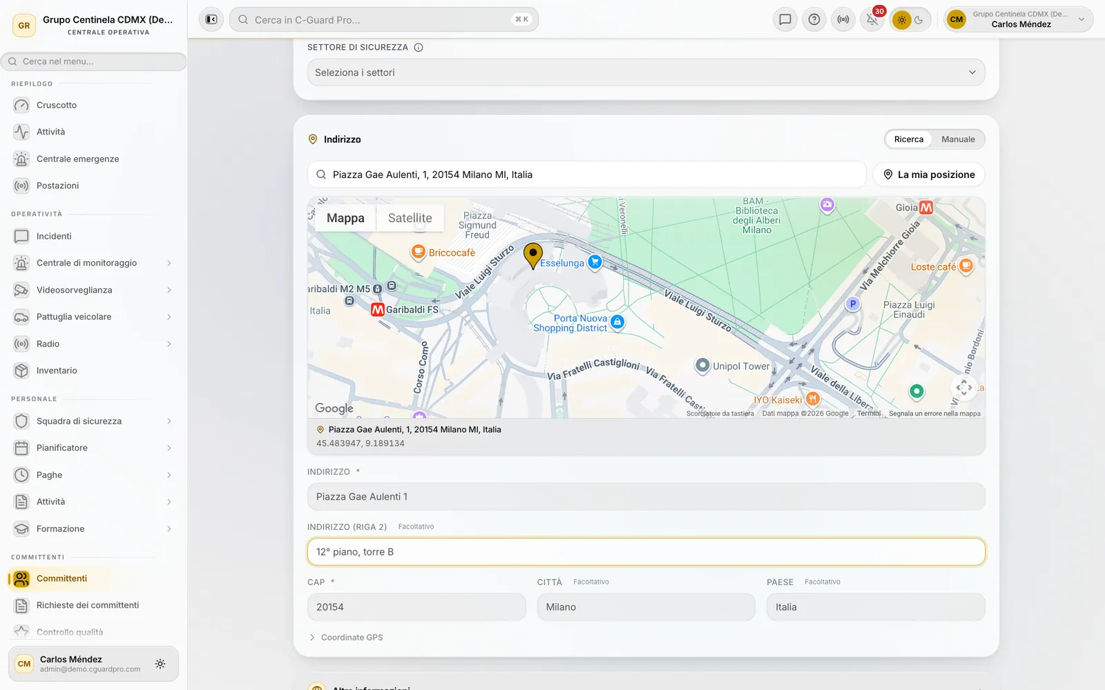 Sezione indirizzo con la mappa e il segnaposto sulla posizione del cliente