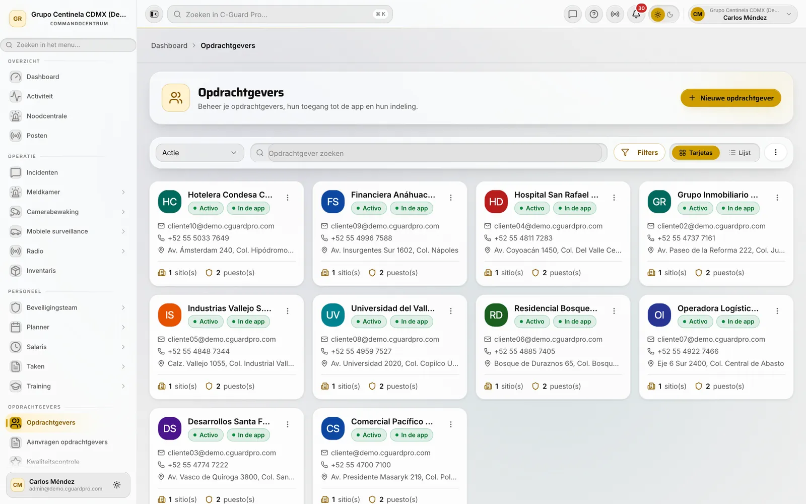 Lijst met opdrachtgevers in het CRM met de knop Nieuwe opdrachtgever