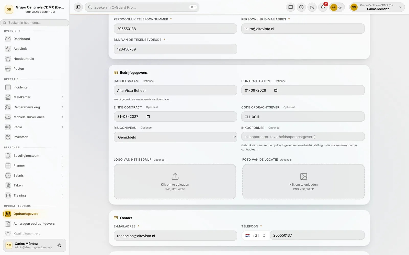Onderdeel bedrijfsgegevens met handelsnaam, contractdata en risiconiveau