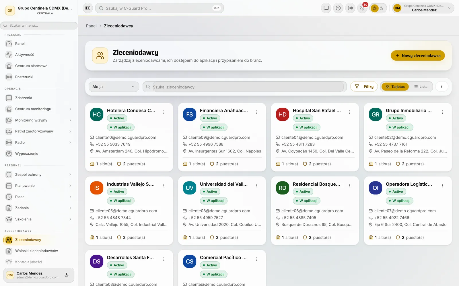 Lista zleceniodawców w CRM z przyciskiem Nowy klient