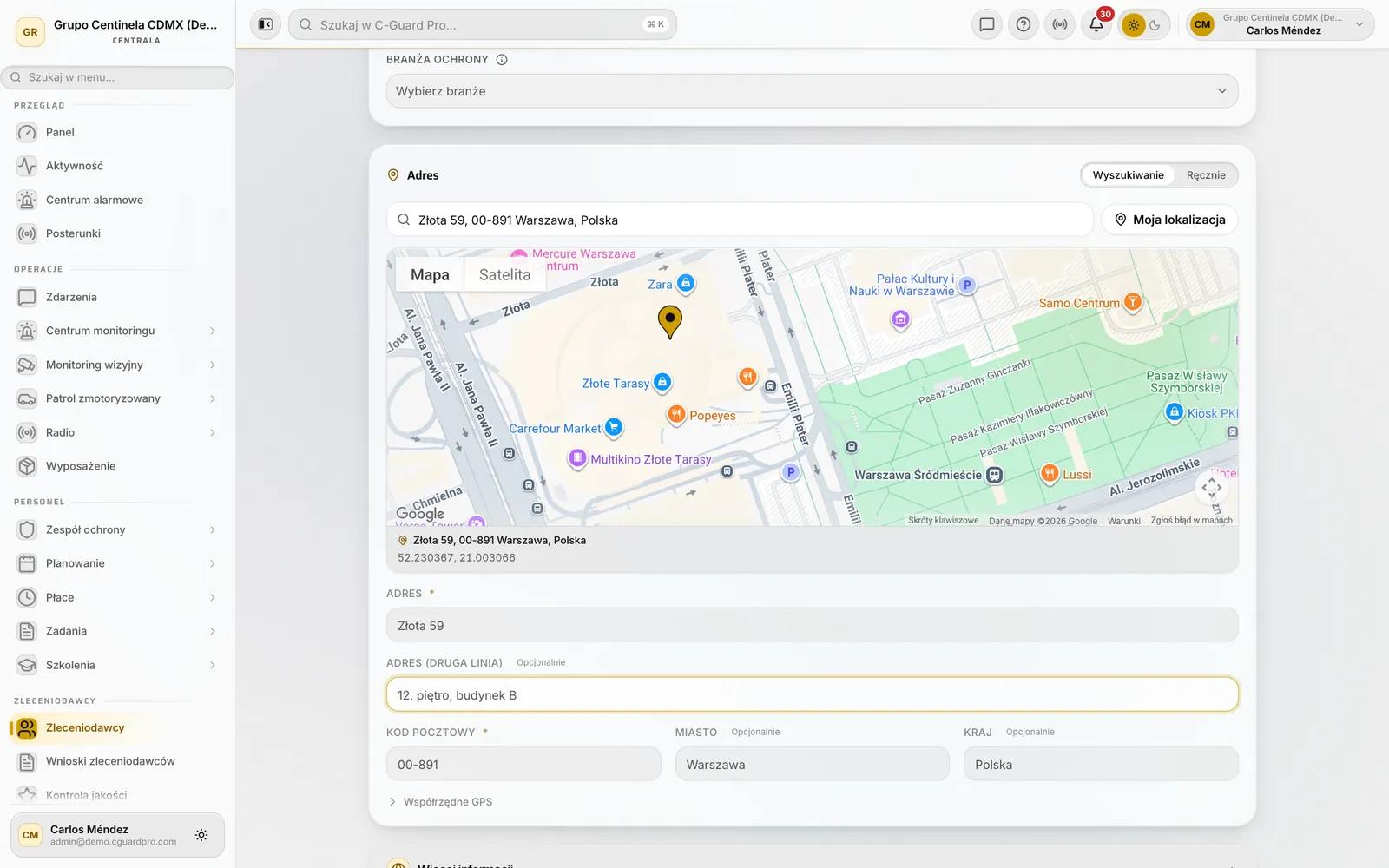 Sekcja adresu z mapą i pinezką na lokalizacji klienta