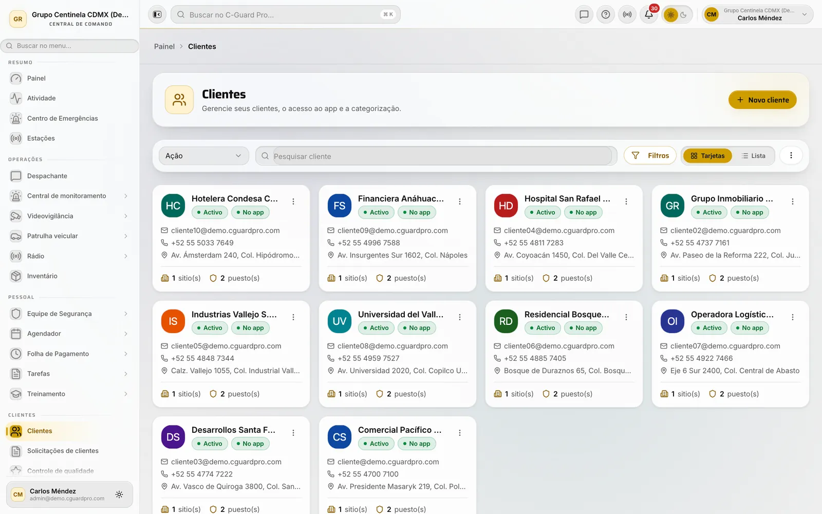 Lista de clientes no CRM com o botão Novo cliente