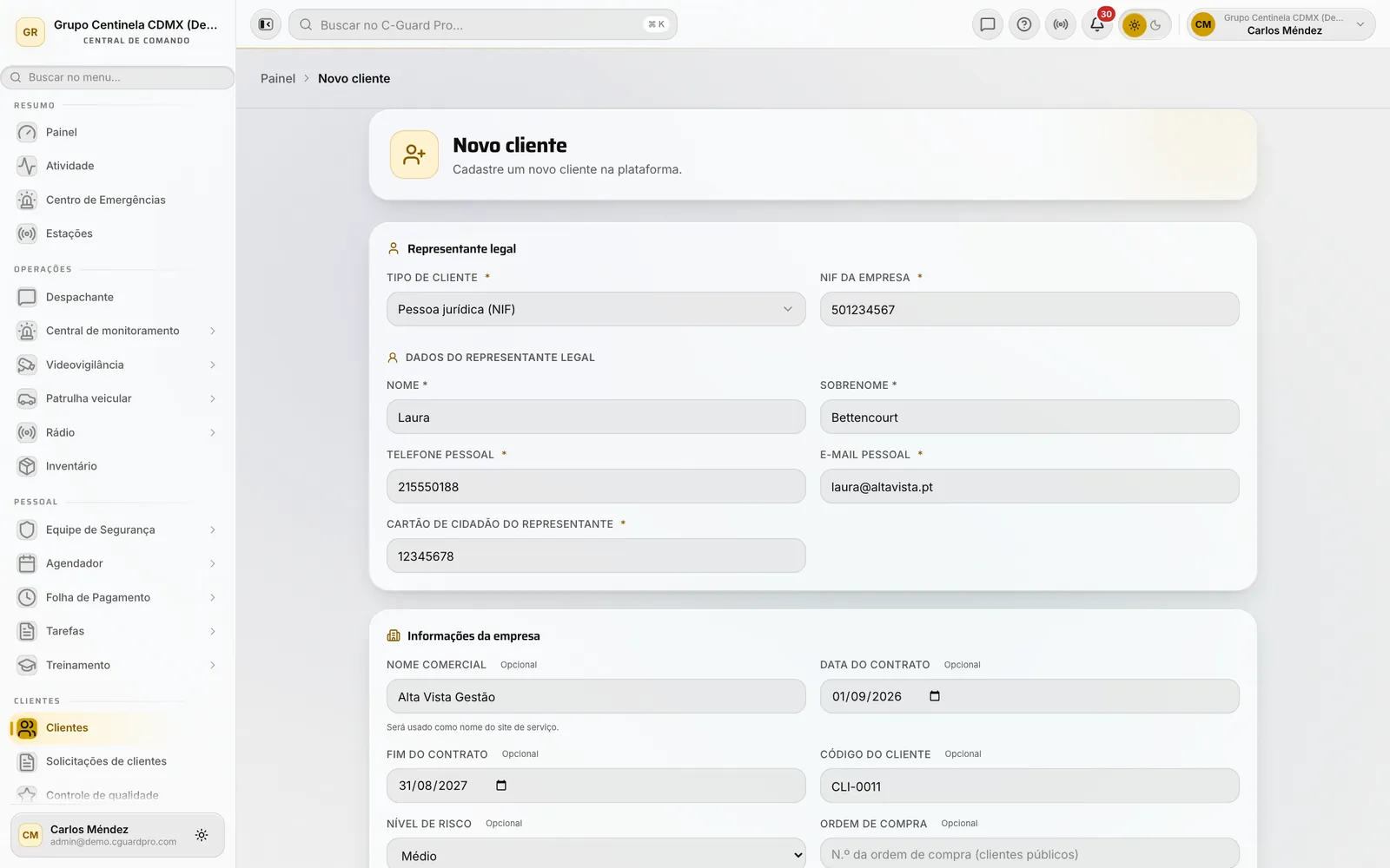 Formulário de novo cliente com o tipo de cliente e os dados do representante legal