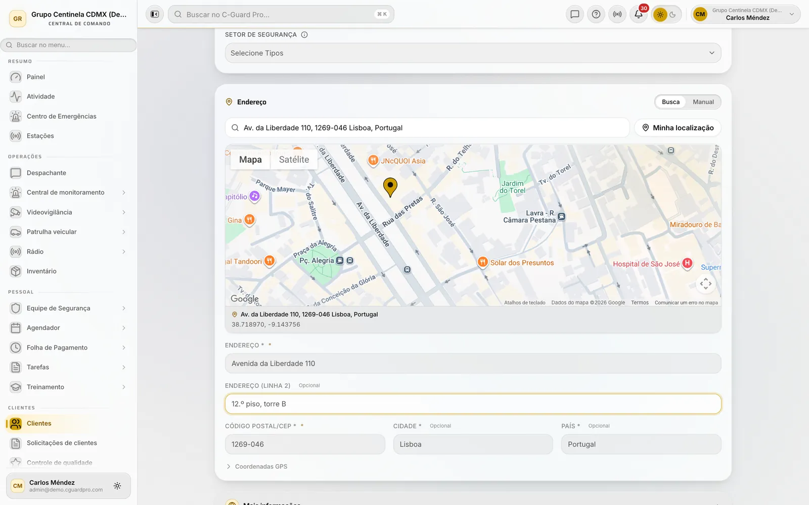Secção de morada com o mapa e o pino sobre a localização do cliente