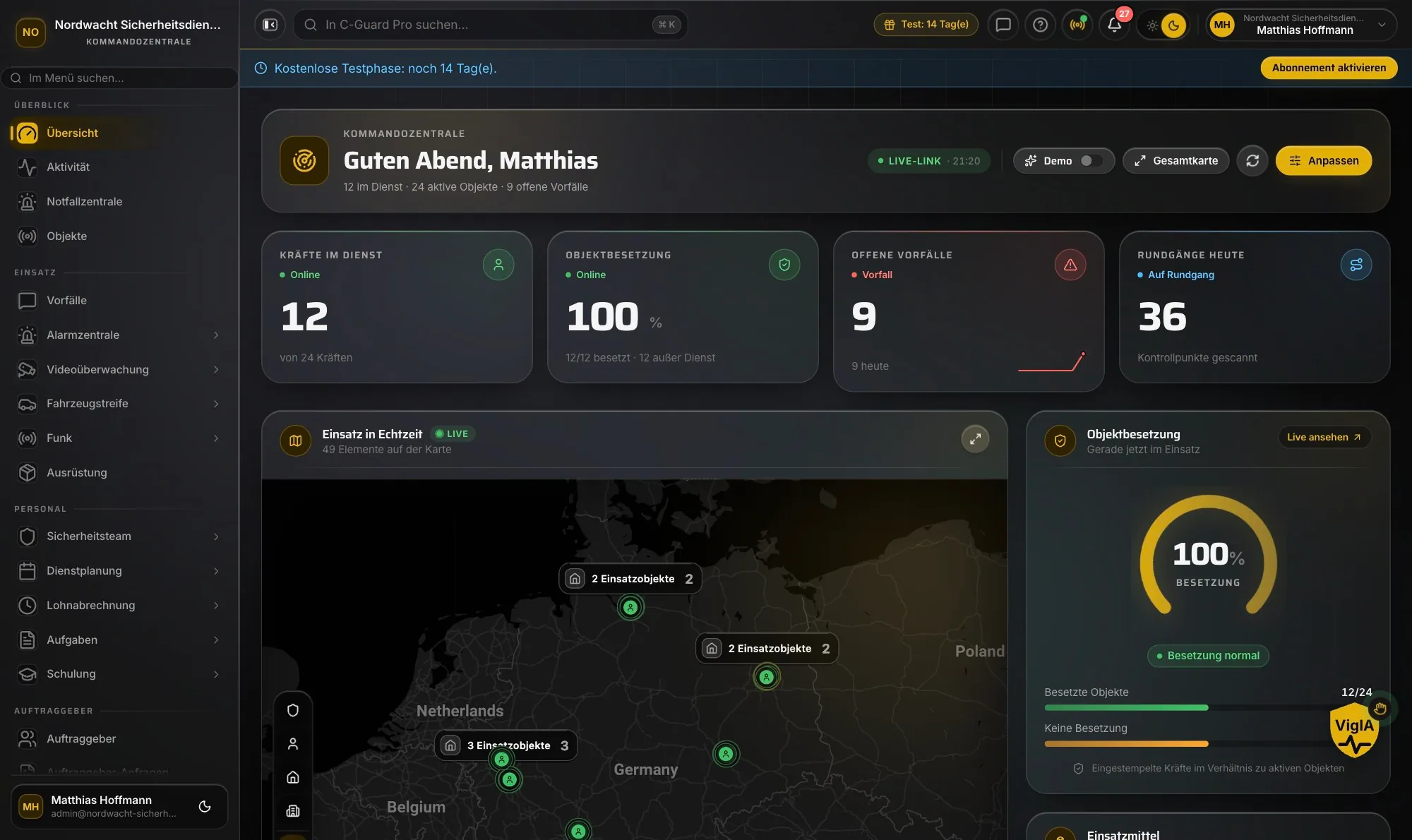 CGuardPro Command Center auf Deutsch: Karte, Dienstplan und offene Vorfälle