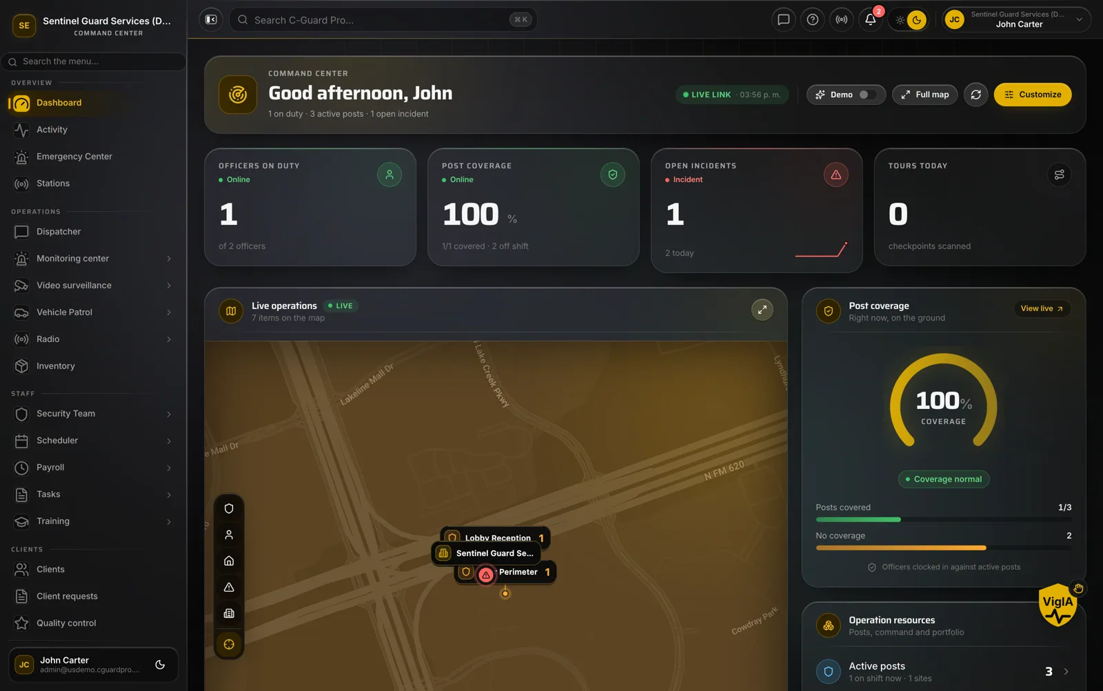 CGuardPro security guard management software dashboard — live GPS guard tracking map, operations metrics, and real-time activity