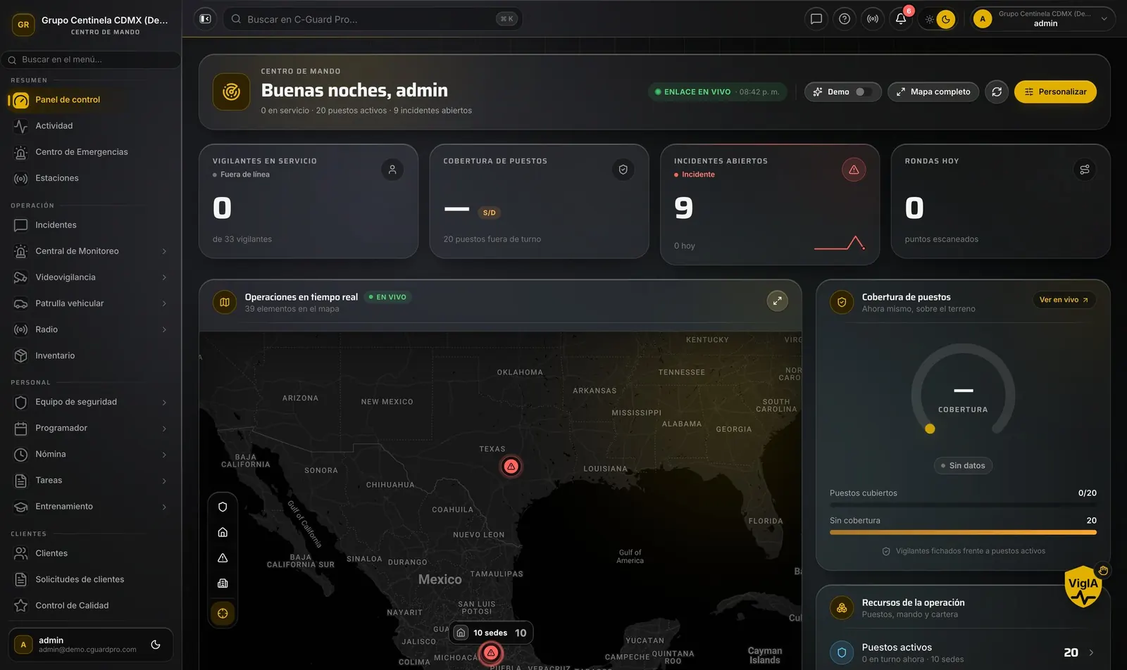Panel del software de gestión de guardias de seguridad CGuardPro — mapa GPS de guardias en vivo, indicadores de la operación y actividad en tiempo real