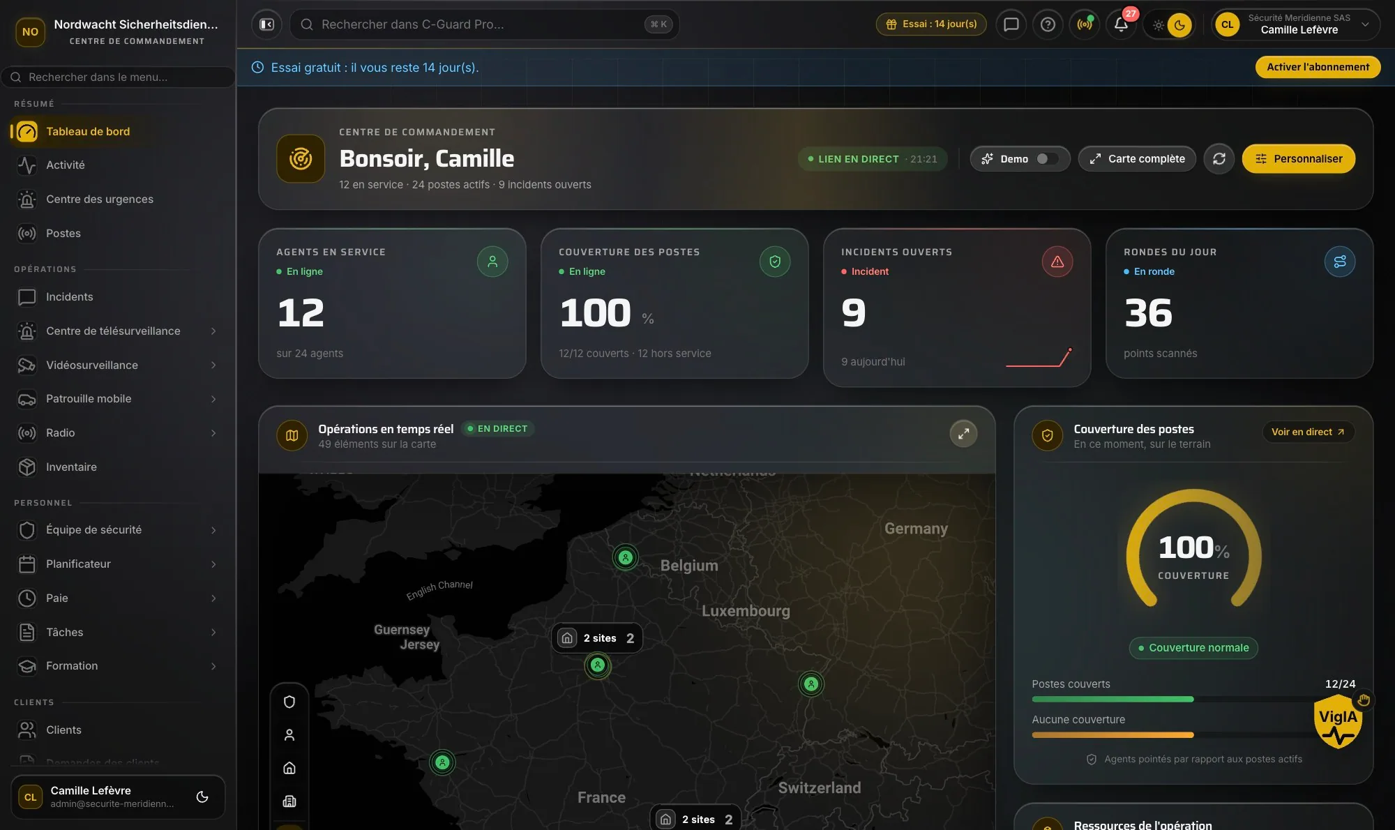 Centre de commandement CGuardPro en français : carte, planning et incidents ouverts