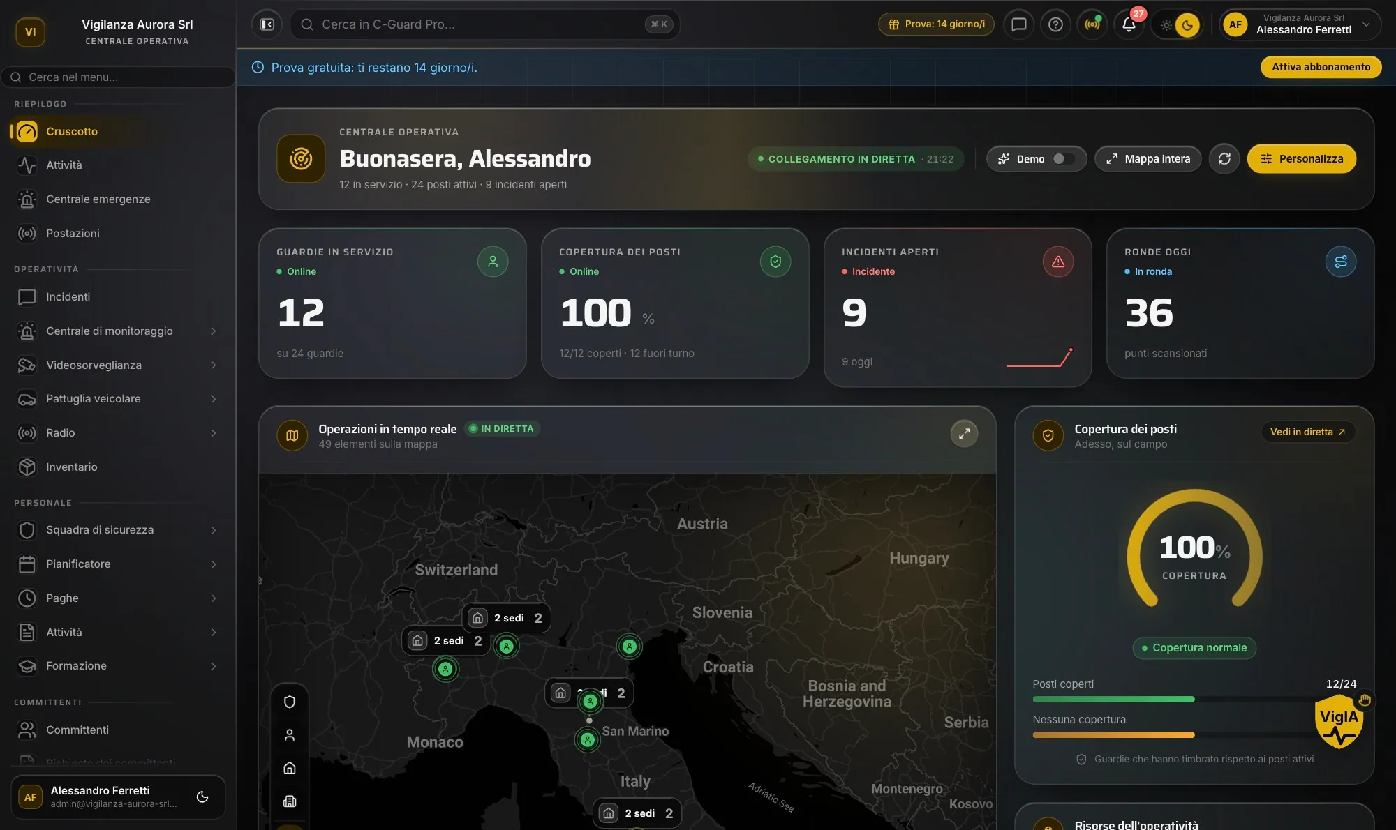 Centro di comando CGuardPro in italiano: mappa, turni e incidenti aperti