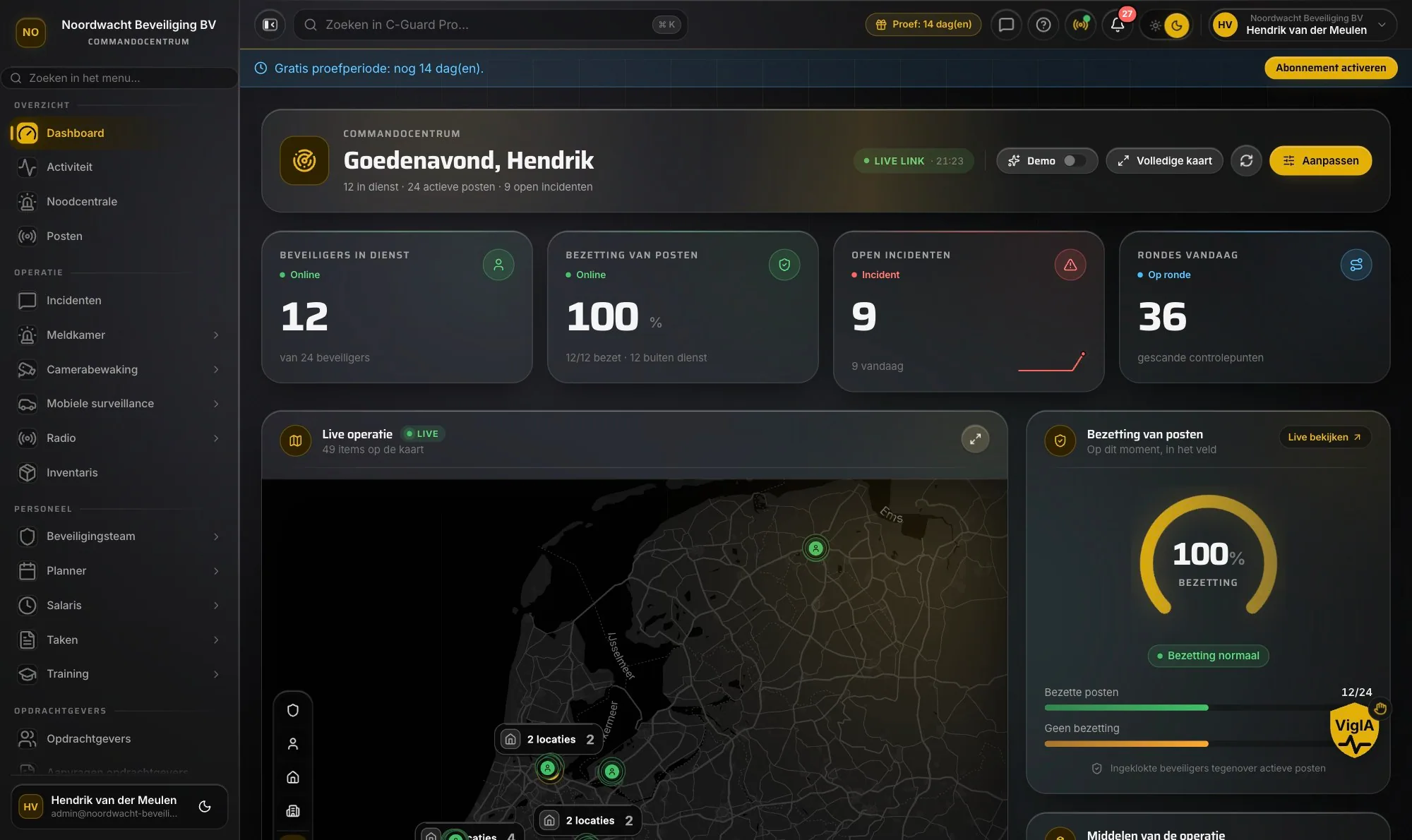 CGuardPro Command Center in het Nederlands: kaart, rooster en open meldingen