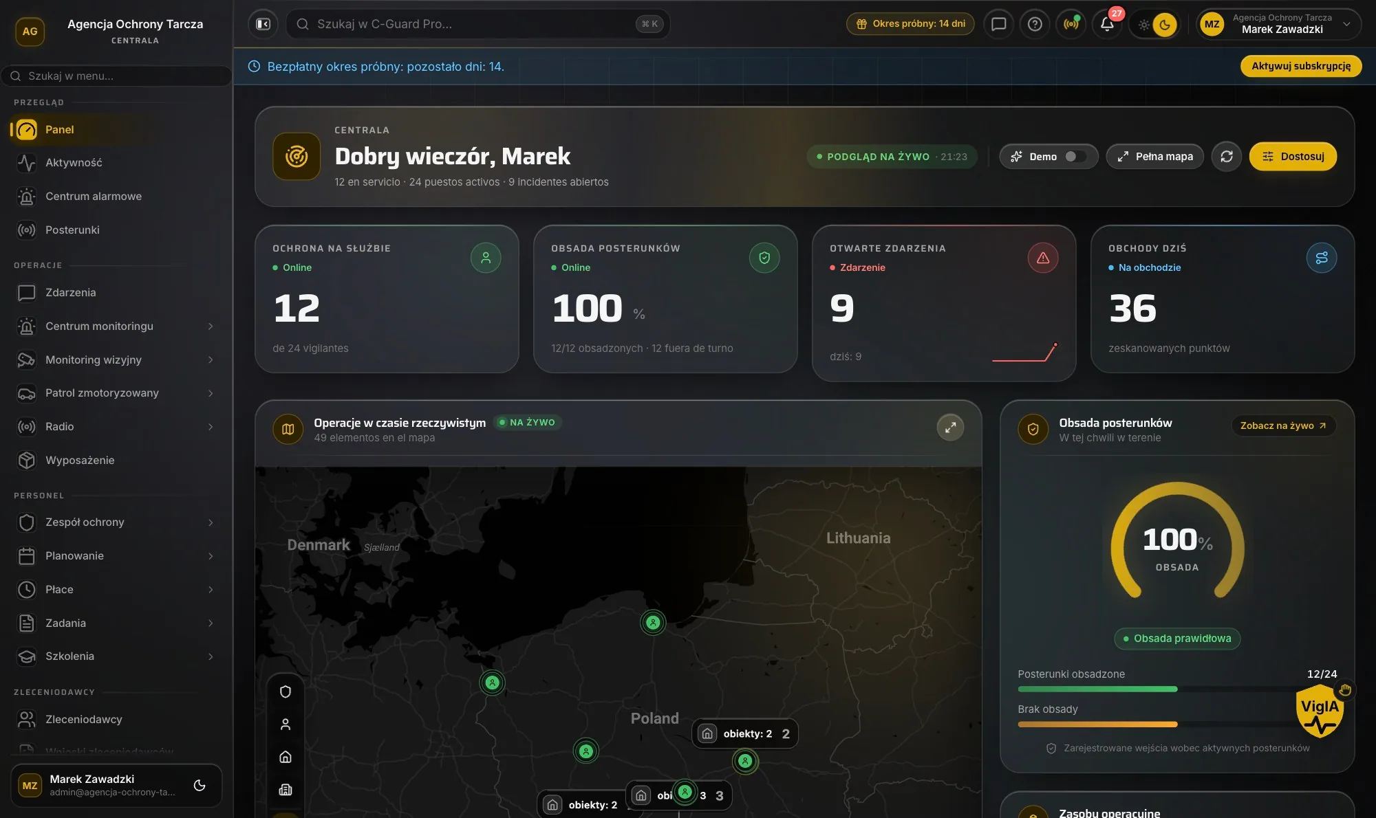 Centrum dowodzenia CGuardPro po polsku: mapa, grafik i otwarte zdarzenia