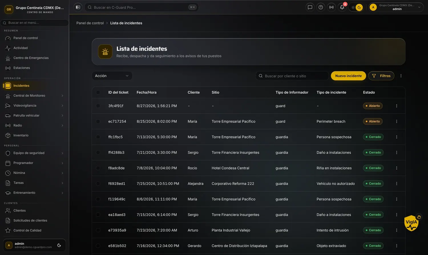 Software de reportes de incidentes de seguridad en CGuardPro — cola de incidentes en vivo con fotos, marcas de tiempo y estado de cada caso