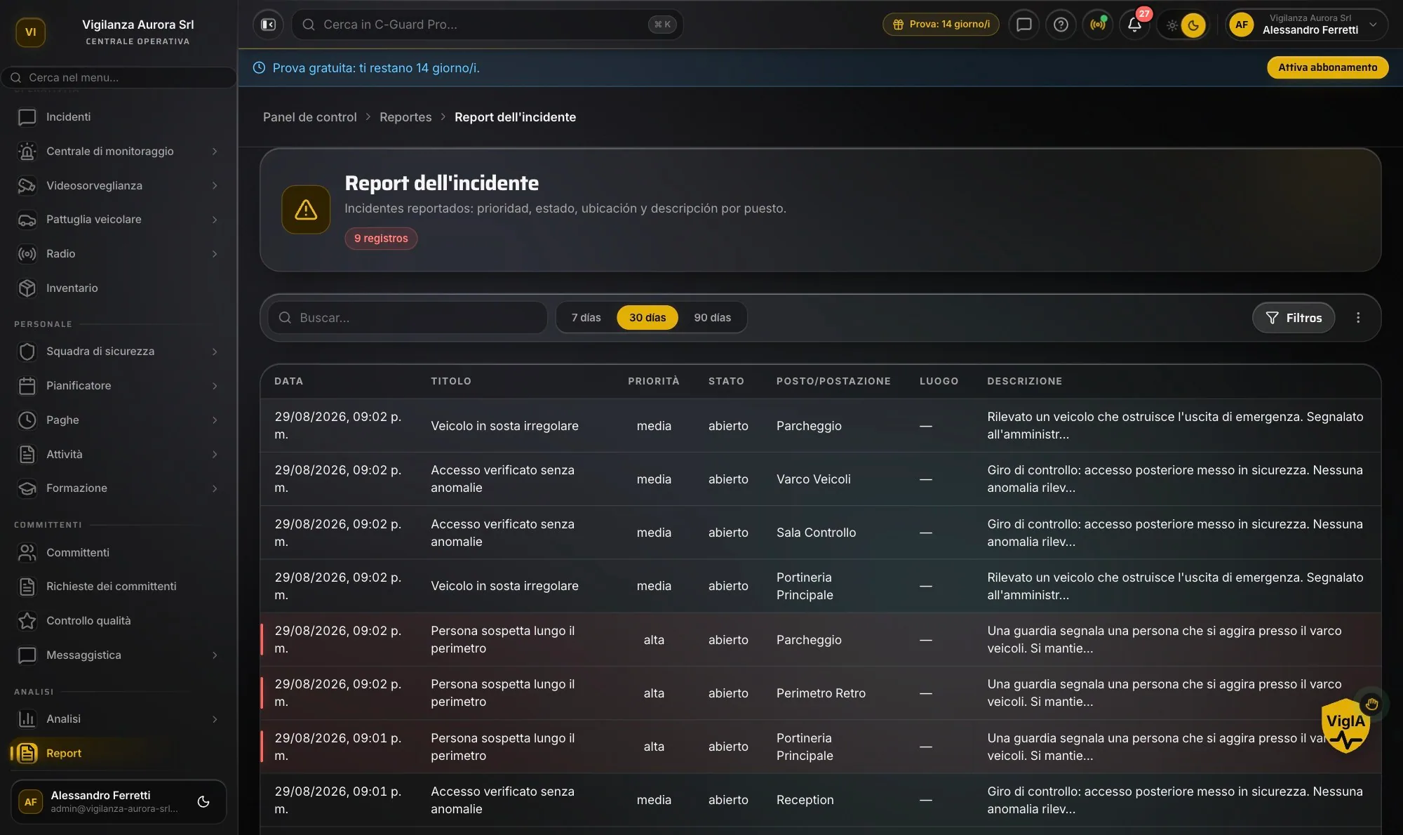 Report degli eventi in CGuardPro in italiano