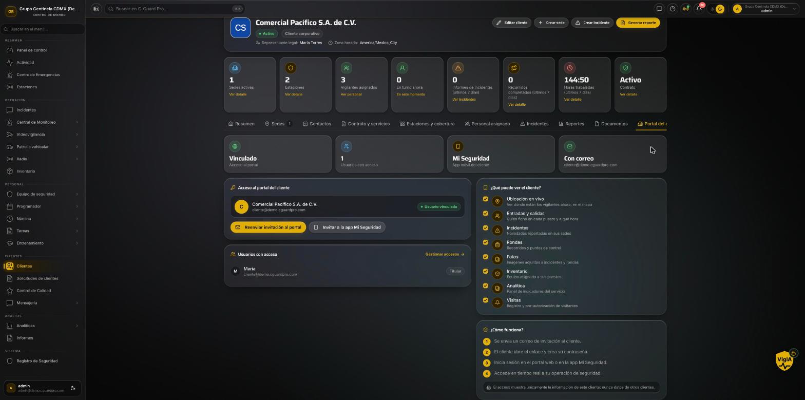 Pestaña Portal del cliente con el estado del acceso y los usuarios