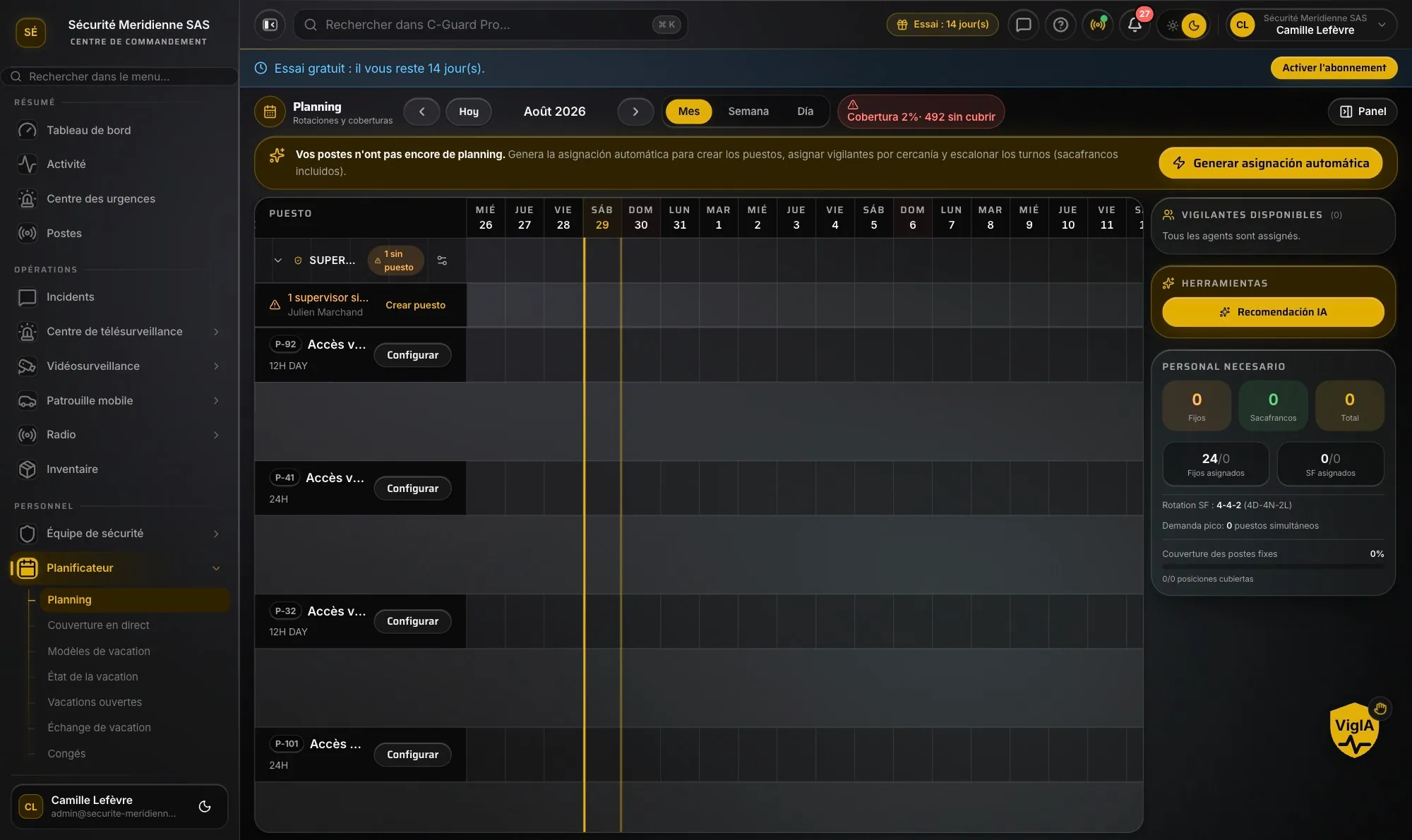 Planning des agents dans CGuardPro en français