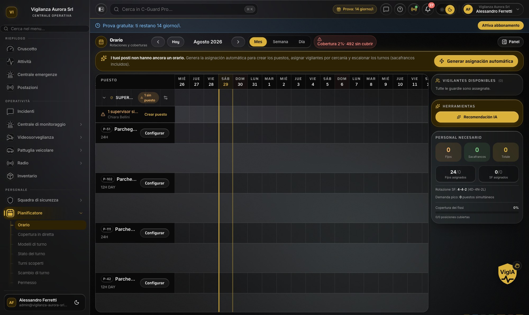 Pianificazione dei turni in CGuardPro in italiano