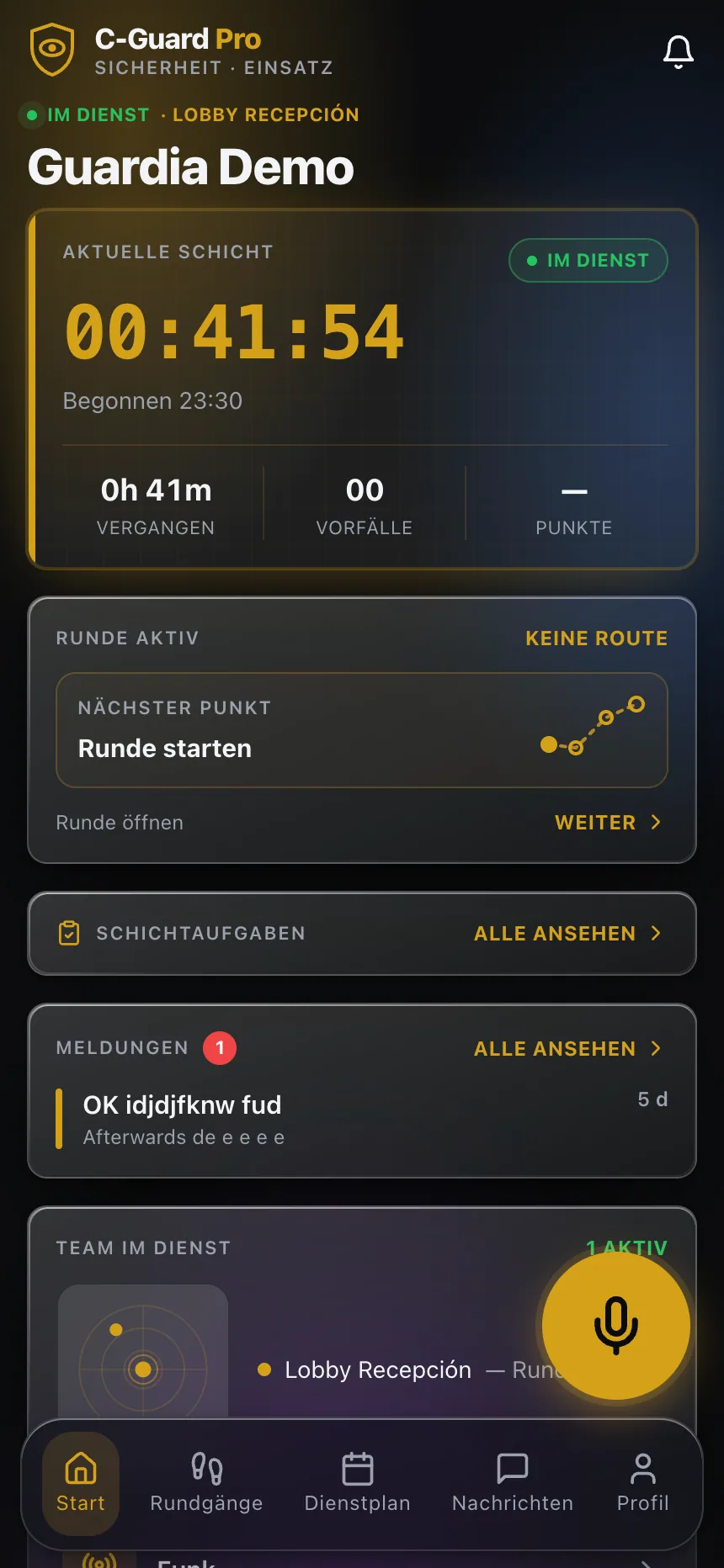 Übersicht einer Wachkraft im Dienst in der App C-Guard Pro