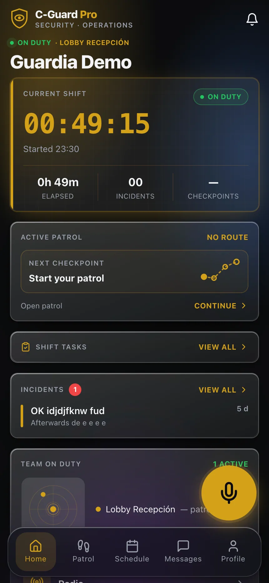 On-duty guard dashboard in the C-Guard Pro app