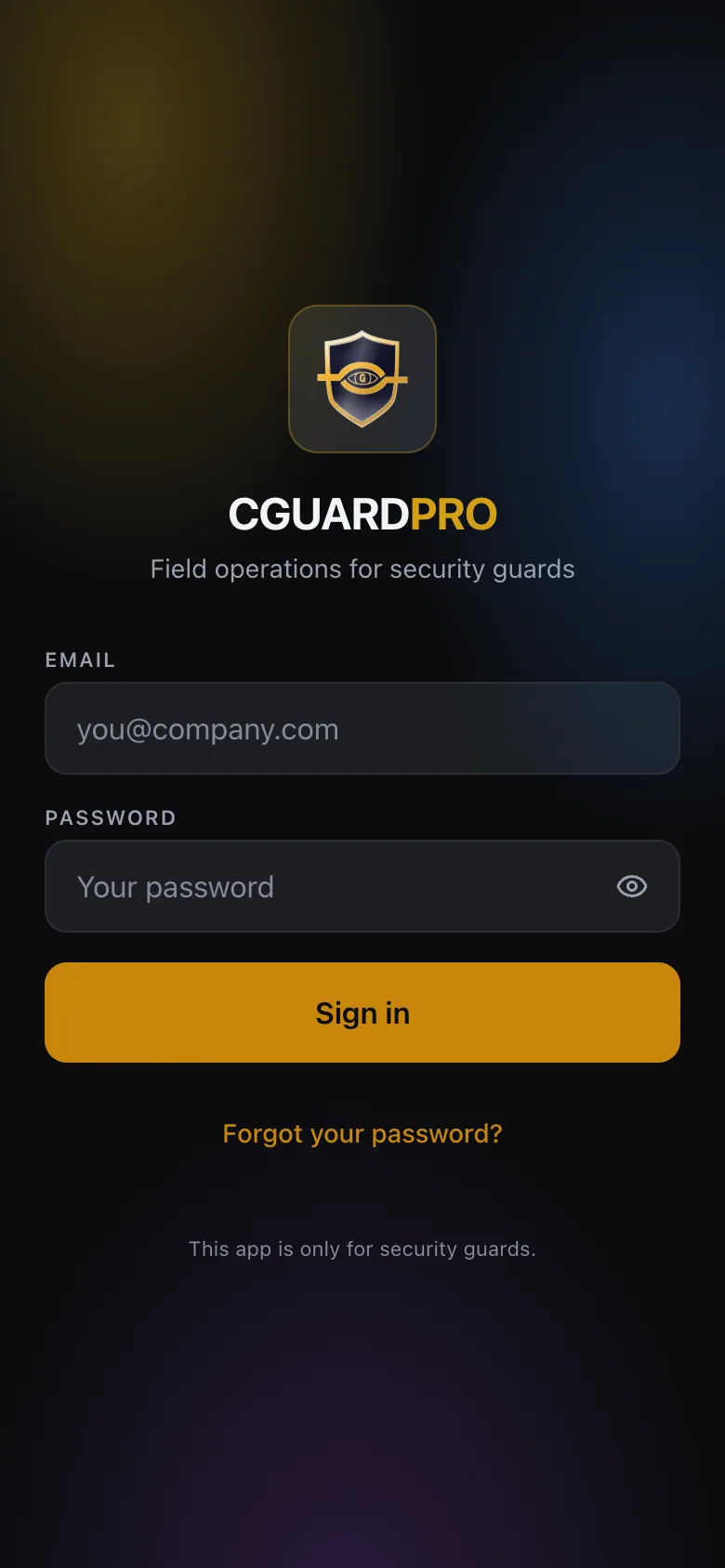 Guard mobile app sign-in screen for a field officer starting a shift