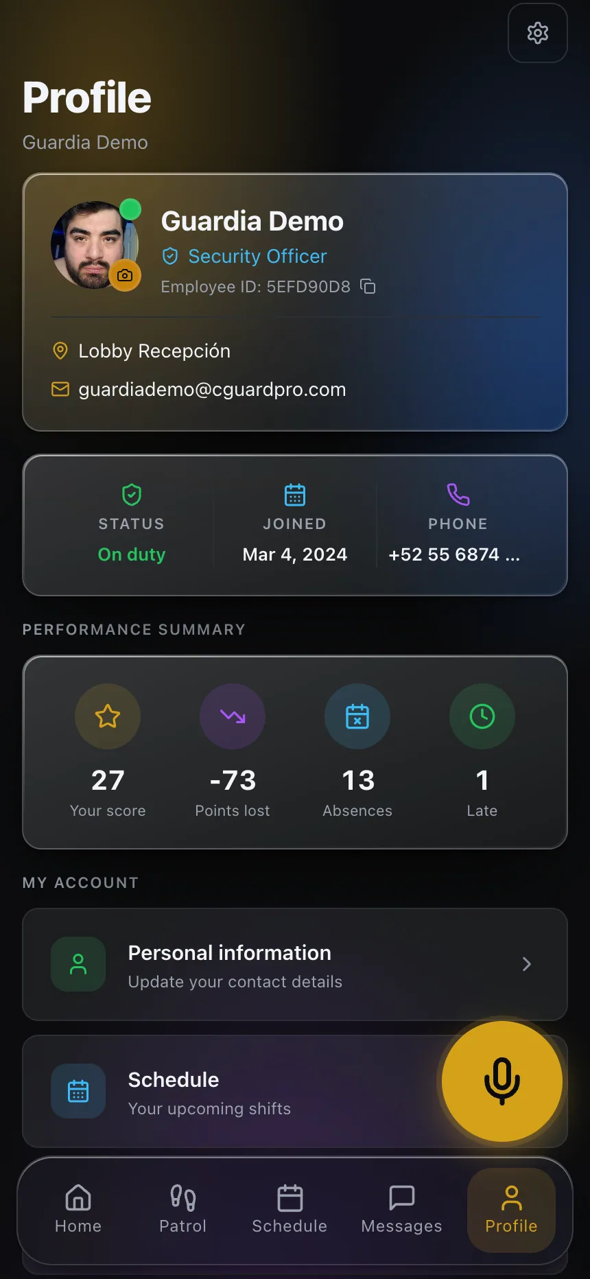 Officer profile screen in the guard mobile app showing personal details and current assignment