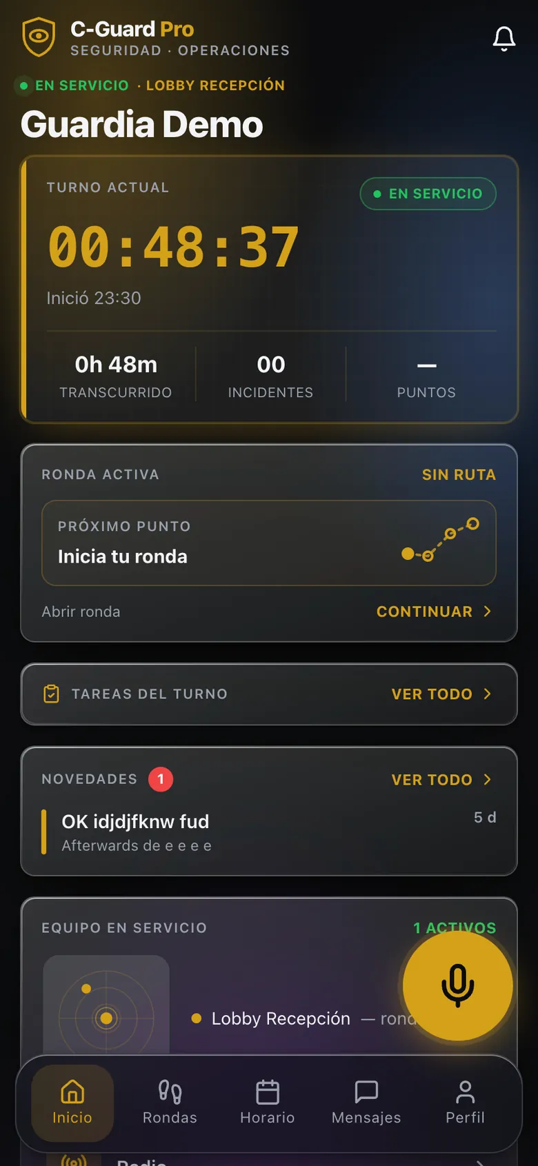 Panel del vigilante en servicio en la app C-Guard Pro