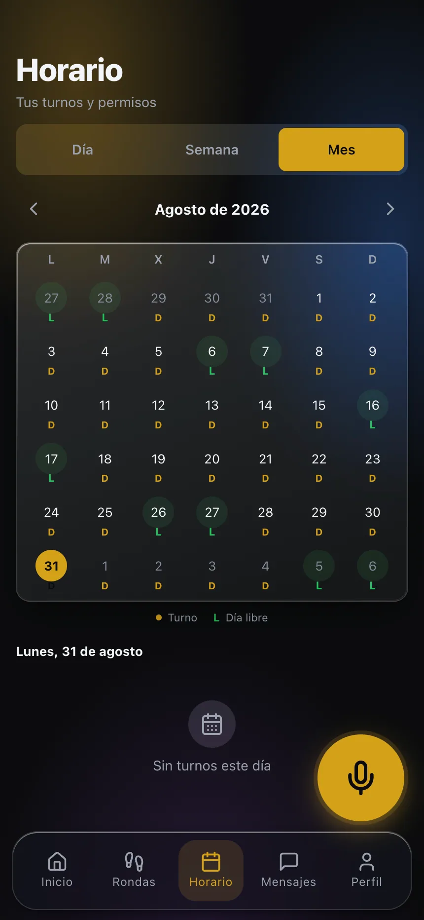 Horario mensual del vigilante en la app de CGuardPro
