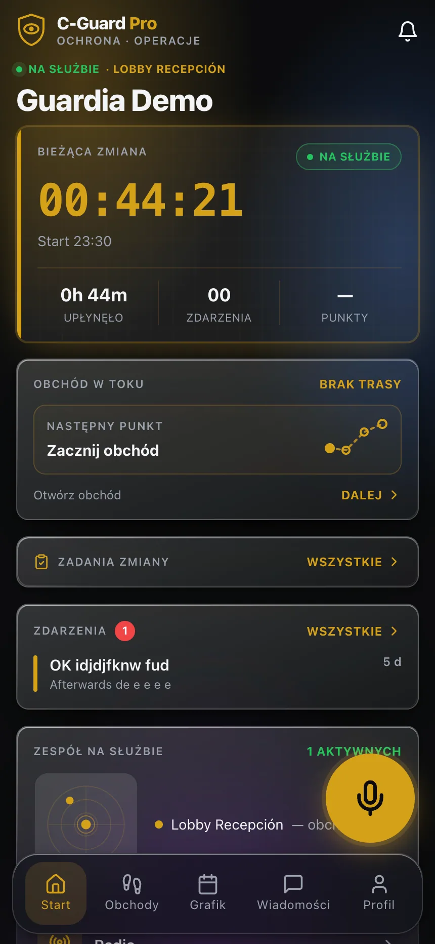 Panel pracownika ochrony na służbie w aplikacji C-Guard Pro
