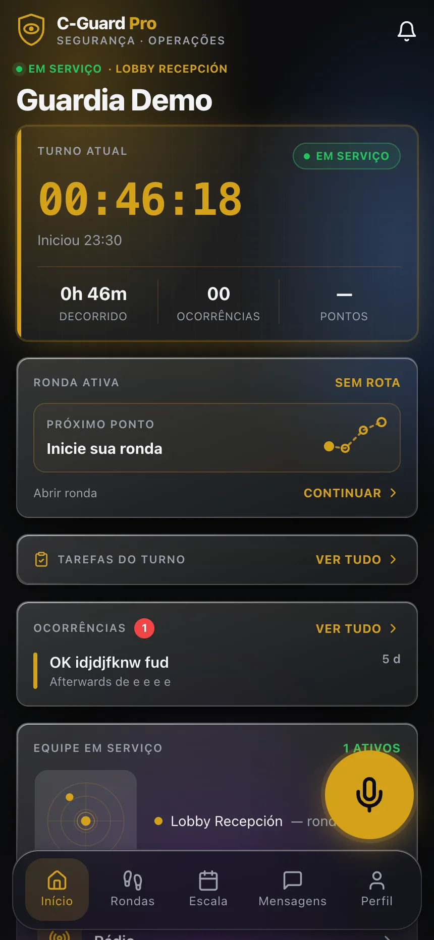 Painel do vigilante em serviço na app C-Guard Pro